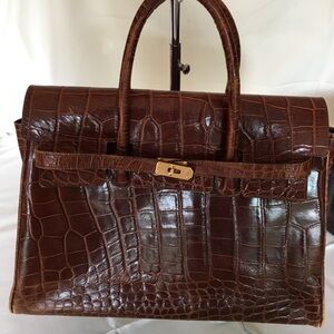 Brown and Red Crocodile Embossed Satchel with Gold Hardware